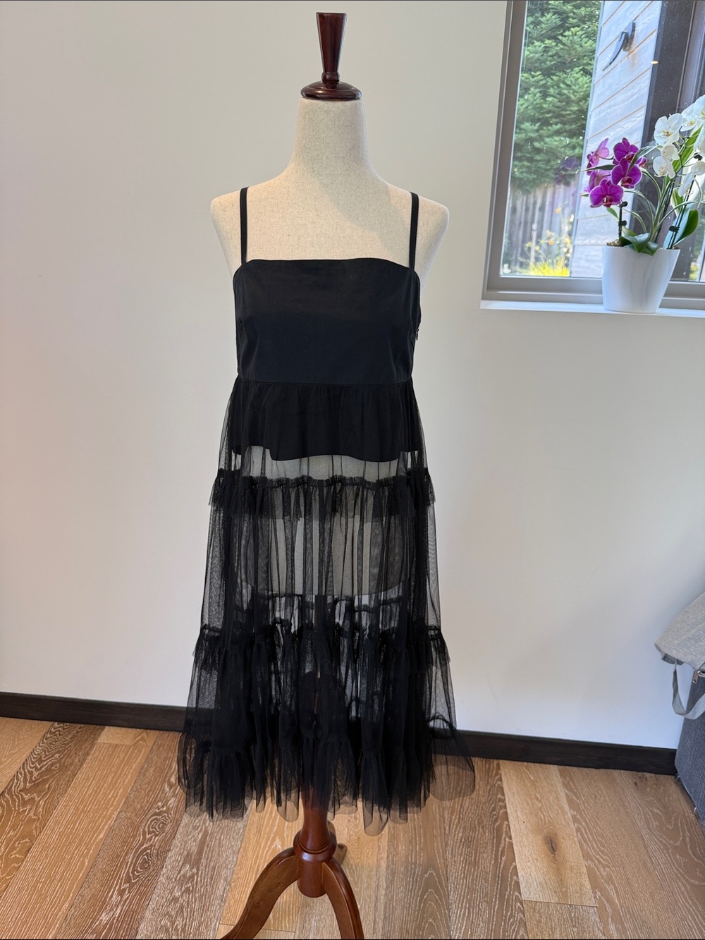 Maeve Black Sheer Tiered Mini Dress